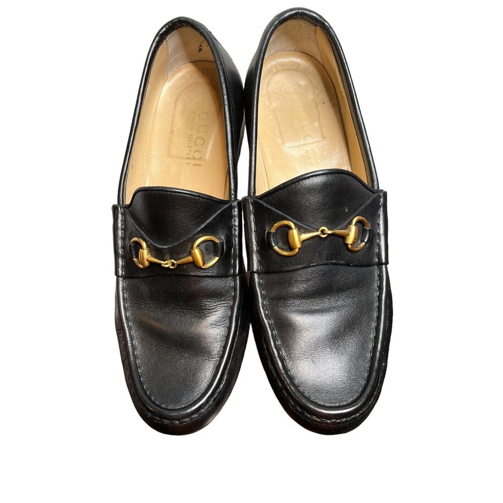 Gucci Black Gold Horsebit Leather Slip On Flat Loafers Womens Size 8.5 B Classic